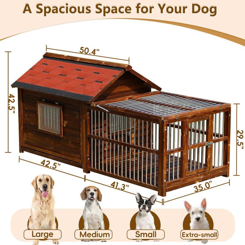 Dog House Outdoor for Large Breed Dogs,Heavy Duty Insulated Dog Kennel with  Fence,Removable Floor&Roof Adjustable Window,Weatherproof Pine Wood Warm
