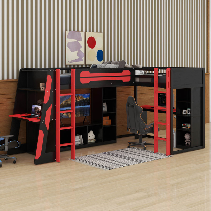 L-Shaped Wooden Twin Size Gaming Bed Frame With RGB LED Lights, Dual Twin Beds, USB Ports, TV Stand & Storage Shelves, Reversible Layout, Space-Saving Wood Loft Bed