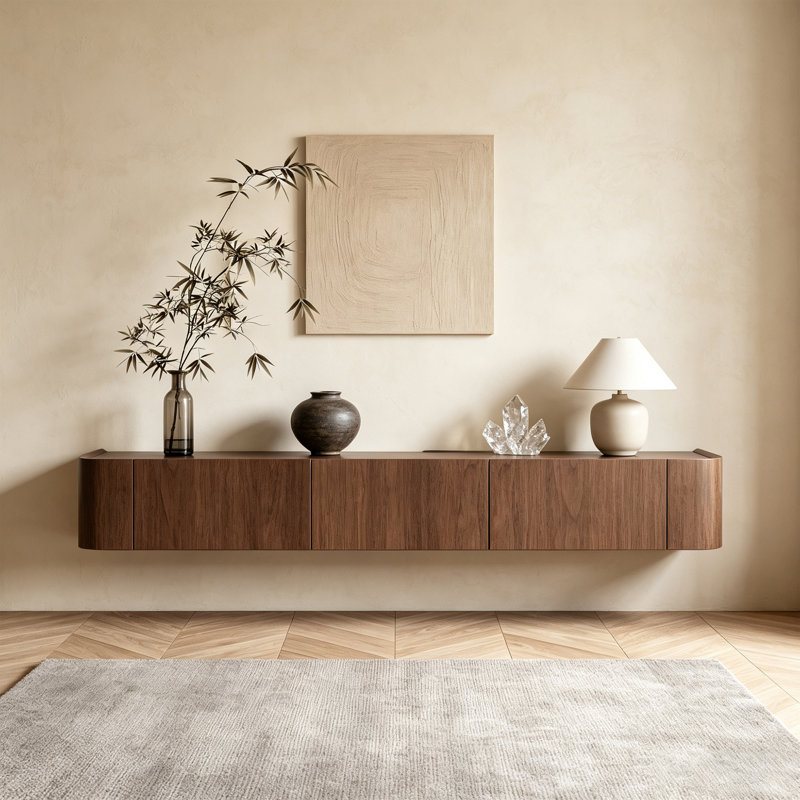 71"Modern Minimalist Floating Walnut Media Console with 3 Flip Cabinets, Pre-Assembled Brown Wall Mounted TV Stands for Living Room