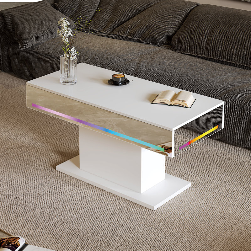 Modern White Coffee Table, Rectangular Coffee Table with RGB Lights for Living Room