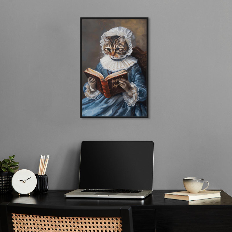 «Literature Writer Cat» par Quirky Art, Cadre noir, H 16 po x l 11 po