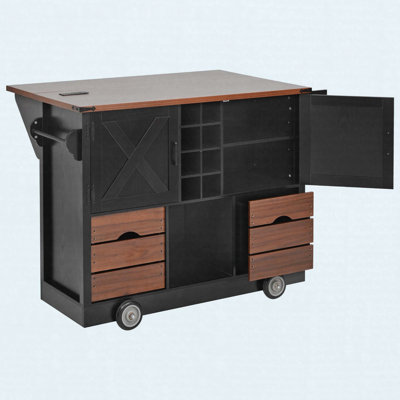 54" Farmhouse Kitchen Island with Drop Leaf, Power Outlet, Kitchen Storage Cart with 2 Doors, 2 Drawers, Rolling Kitchen Island on 4 Large Wheels with Spice Rack for Kitchen, Dining Room, Black