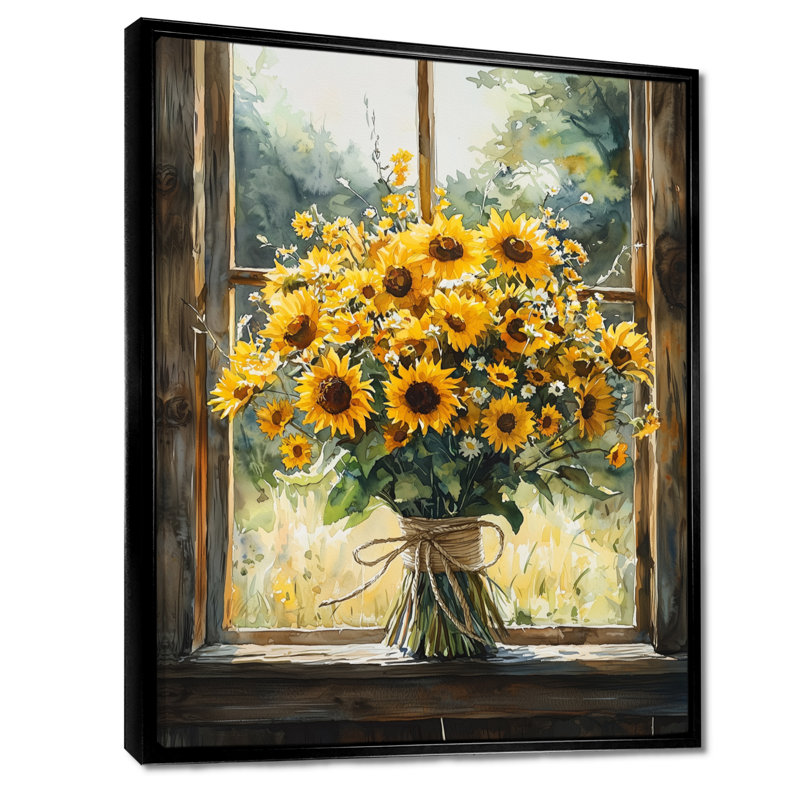 Tournesol Lignite et bouquet de pivoines à la grange I - art mural tournesols pour le salon, H 32 po x l 24 po