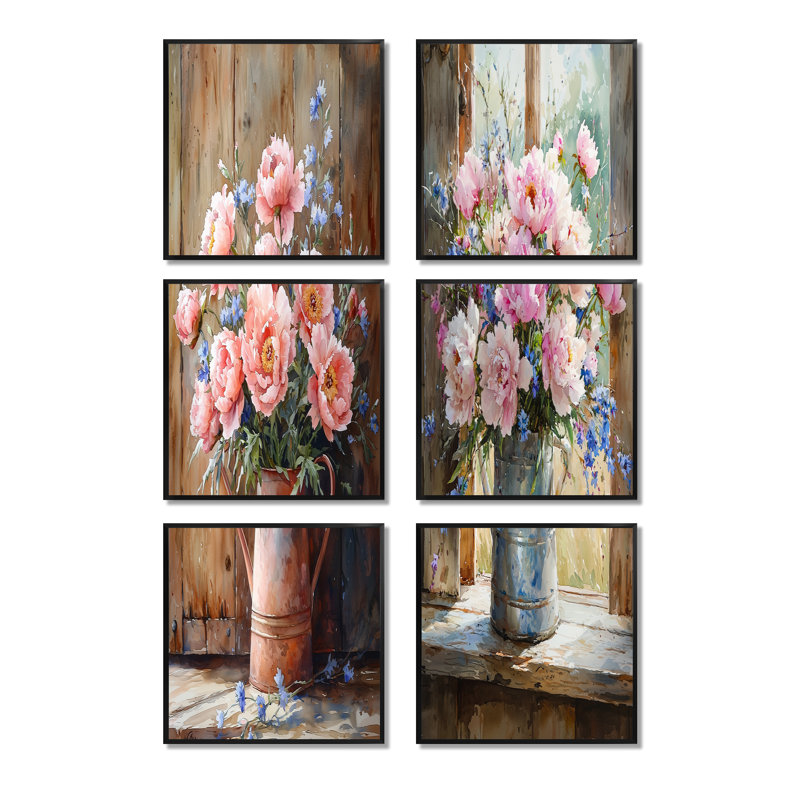 Bouquet de pivoines Country Bloom - ensemble d'art mural en toile florale de 6, Impression encadrée sans passe-partout, Noir