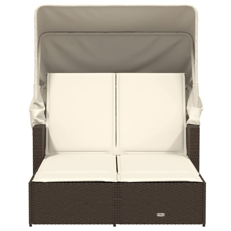 Vidaxl Double Sun Lounger With Canopy And Cushions Poly Rattan, Cream White, Brown
