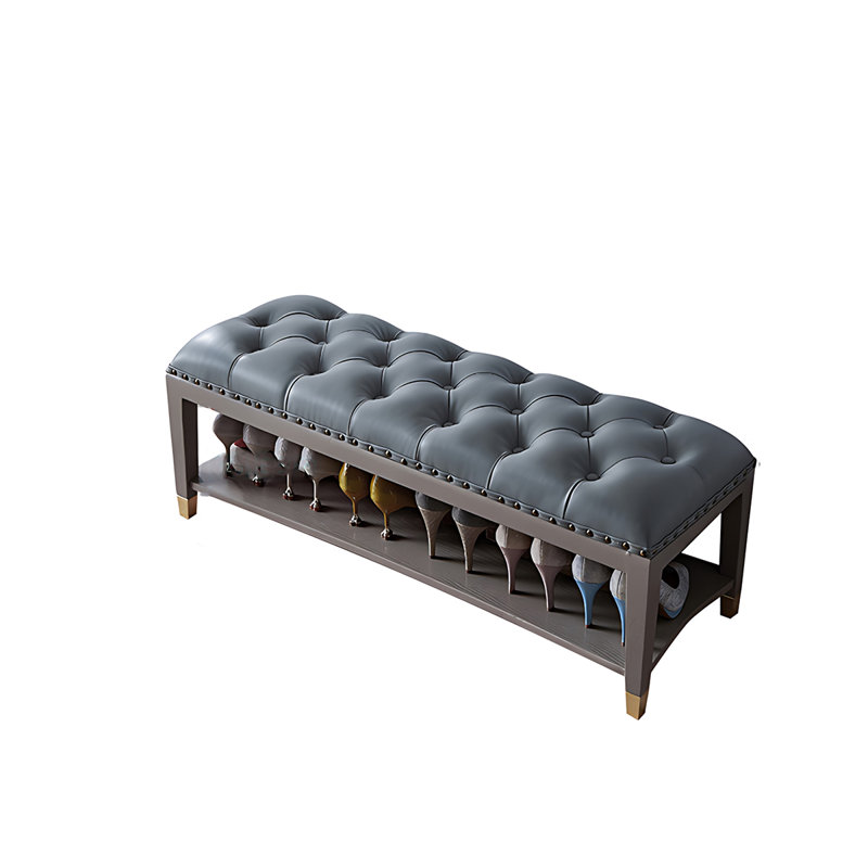 Banc de rangement pour chaussures en bois massif avec revêtement en cuir, Gris
