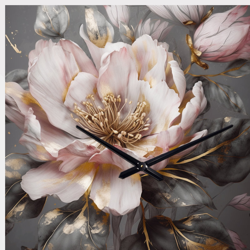 Horloge murale en forme de pivoines roses et grises - Blooming III, Grand