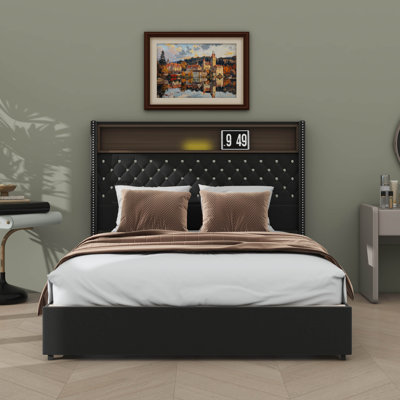Queen-Size Soft Velvet Tufted Bed Frame, USB & Night Light Equipped, Wing-Back Platform Bed With Built-In Headboard Shelf