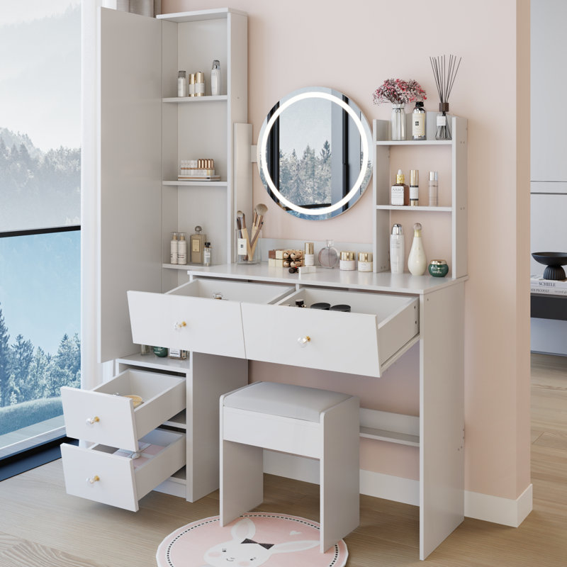 Full Body Mirror Cabinet + Round Mirror LED Vanity Table + Cushioned Stool, 17" diameter LED Mirror, Touch Control, 3-color, Brightness adjustable, Large Desktop, Multi-layer High Capacity Storage