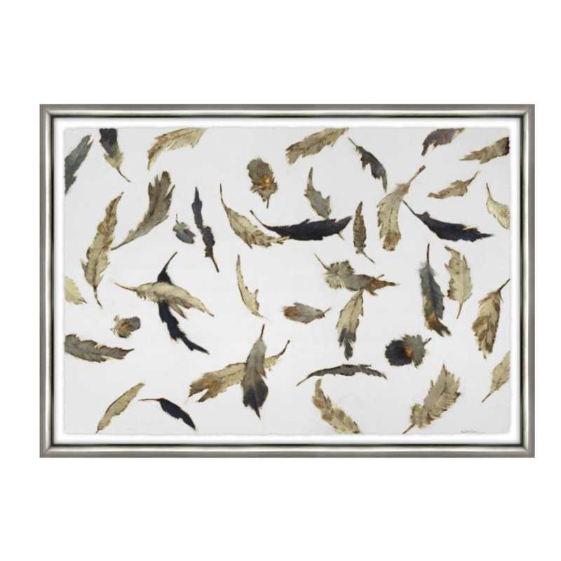«Falling Feathers White I» par Sarah Atkinson - impression, Couche de verre, H 30 po x l 42 po x P 1,5 po