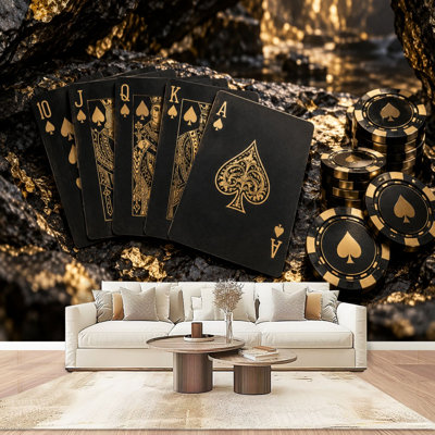 Black Spade Playing Cards Wall Mural Gold Accents Casino Chips Gambling Peel and Stick Wallpaper Modern Self Adhesive Wall Decor for Bedroom Living Room 100" L x 144" W