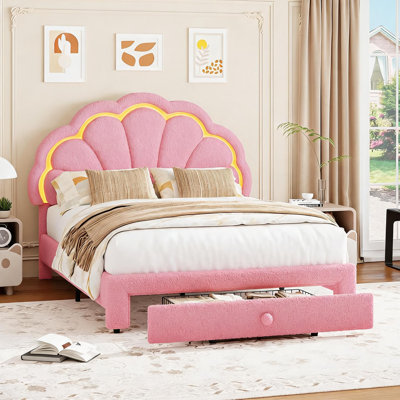 Structure de lit double à DEL pour enfants, revêtement en velours, tiroirs de rangement, rose