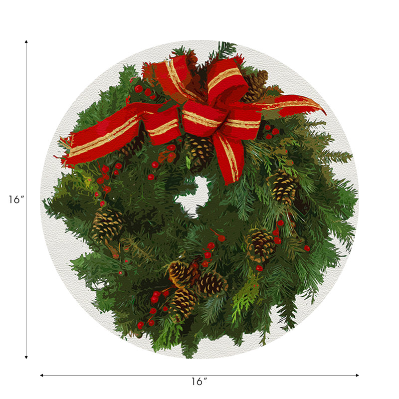 Christmas Wreath Vegan Leather Round Pebble Placemat, White Red