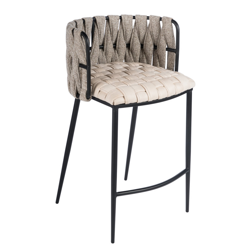 Tabouret de comptoir 27 po Tyrone avec dossier tissé et pieds en métal, Noir, Beige