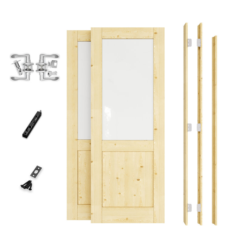 48" x 80" Interior French Door, Half‑Lite Pine Wood & Tempered Frosted Glass Doors, Unfinished Paintable Solid Pine Wood, Complete Jamb Kit, Satin Nickel Hinges, 4 Curve Levers & Latch, Sturdy Natural Pine Wood Construction & Privacy & Frosted Glass