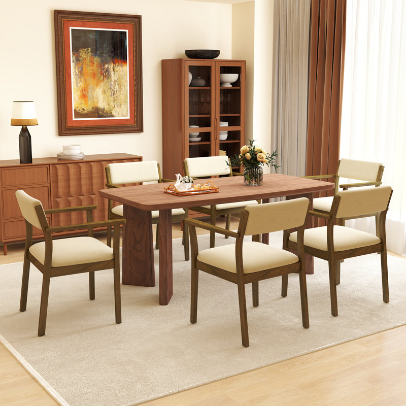 Mid Century Dining Table Set, Beige, 7 Pieces: Table, 6 Chairs