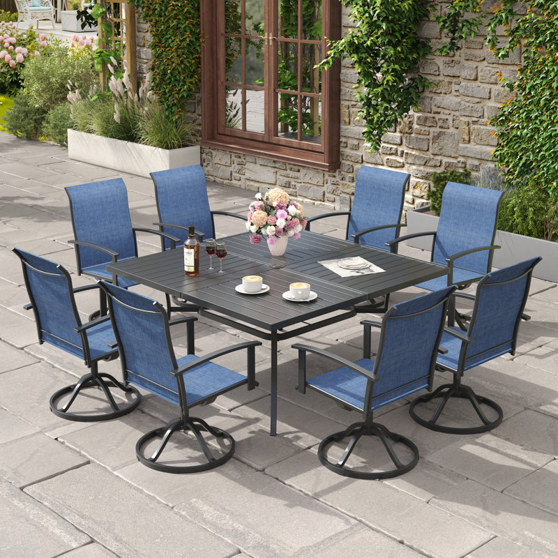 8-Person Outdoor Square Patio Dining Set With Swivel Armchairs, Black/Blue