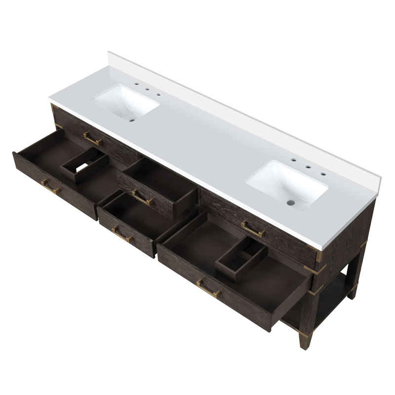Meuble-lavabo double l 84 po x P 22 po avec comptoir en quartz blanc, Chêne brun