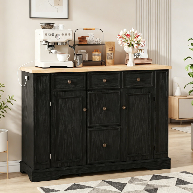 Buffet avec 5 tiroirs, 2 armoires et tablettes réglables, Noir
