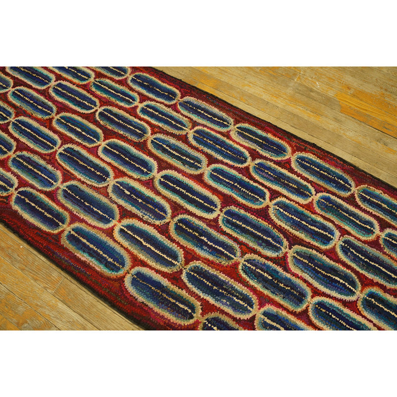 Antique American Hooked Rug Hallway Runner Wool & Cotton Coral