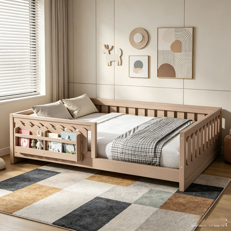 Lit plateforme avec garde-corps et tablettes de rangement, Naturel