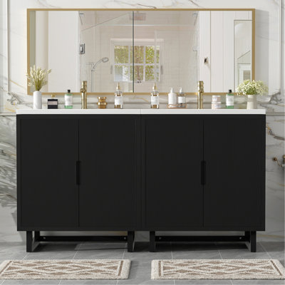 Ensemble de vanité de salle de bain de 60,2 po avec lavabo, meuble combiné, meuble de rangement pour salle de bain, pieds en bois massif