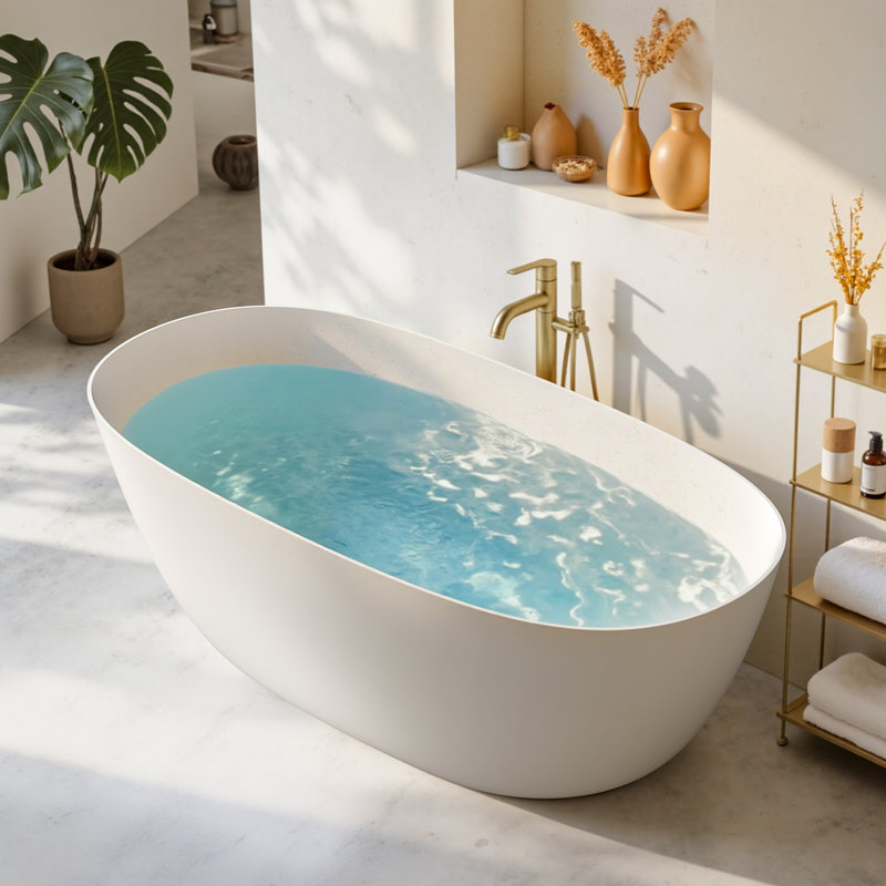 Baignoire autoportante StonePure 61 po × 30 po en surface solide, baignoire profonde avec trop-plein, bonde escamotable, capacité de 70 gallons