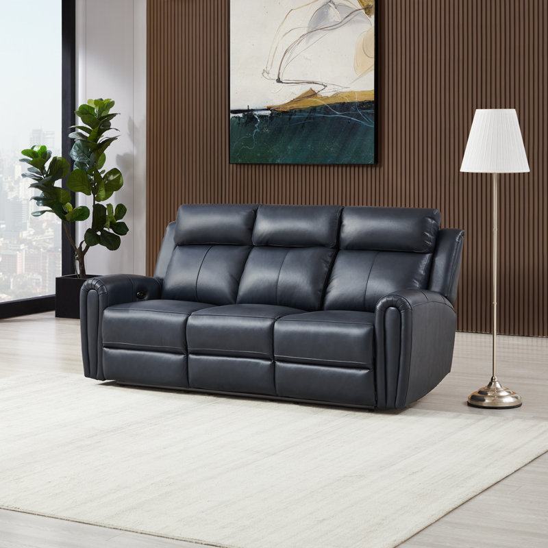 82''Wide Genuine Leather Power Reclining Sofa With Drop Down Table And 2 Cup Holders, Blue