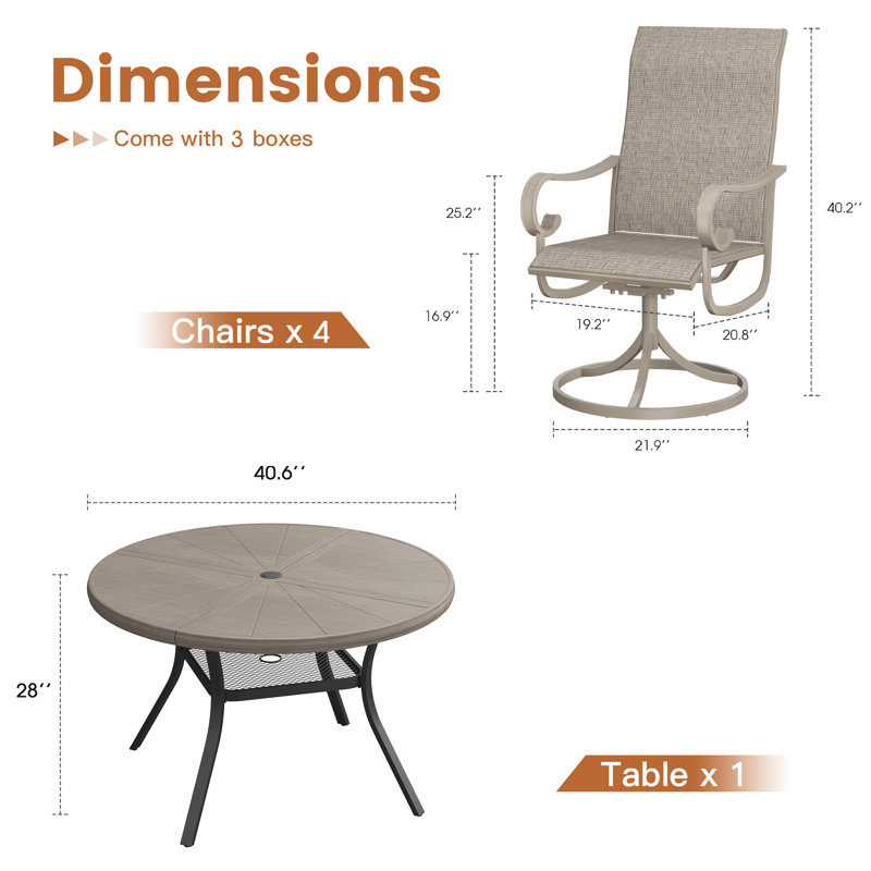 Ensemble de salle à manger en aluminium pour patio avec table ronde en aluminium et 4 chaises de salle à manger pivotantes en textilène