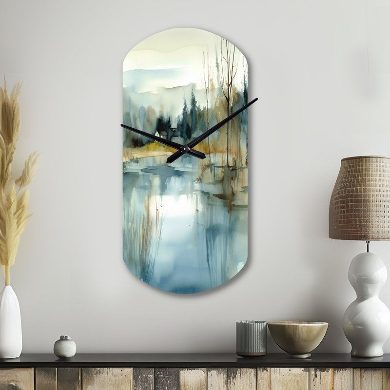 Summer Lake Landscape Illustration V - Cylinder Lake horloge murale en métal, impression d'horloge murale asymétrique en métal