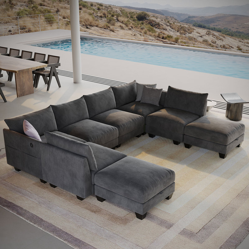 124 '' U-shaped Sectional Sofa, 8-seater Modular Couch, Comfy Living Room Cushion Cloud Couch With Ottoman, Gray Linen Blend