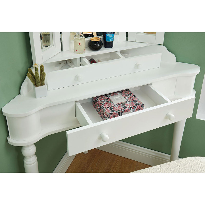 Ensemble coiffeuse et tabouret en bois massif Castiel, Blanc