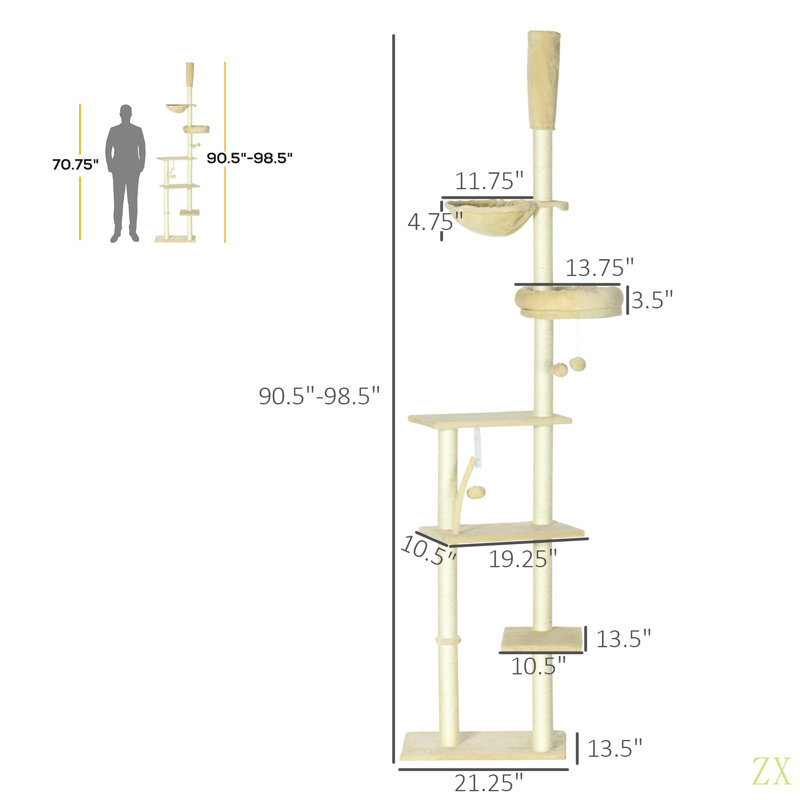 Arbre à chat du sol au plafond Pawhut, hauteur réglable de 90,5 po à 98,5 po, tour d'escalade pour chat avec plateformes tapissées, lit douillet, hamac, poteaux à griffes, boules à jouets, centre d'activités pour chatons