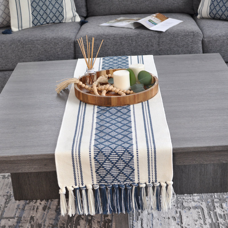 Boho Cotton Woven Table Runner With Tassels, 48" x 14", Blue/Cream