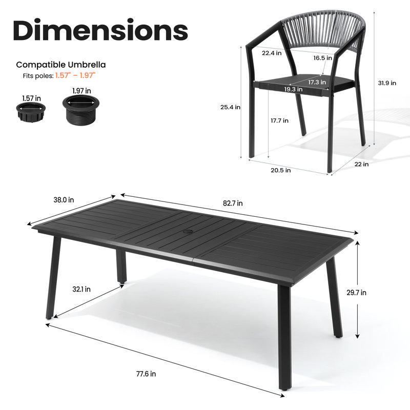 8 - Person Aluminum Outdoor Dining Set With 8-Pound Stacking Chairs And Umbrella Hole, 82.7'' In. W X 38'' In. D, Dark Gray