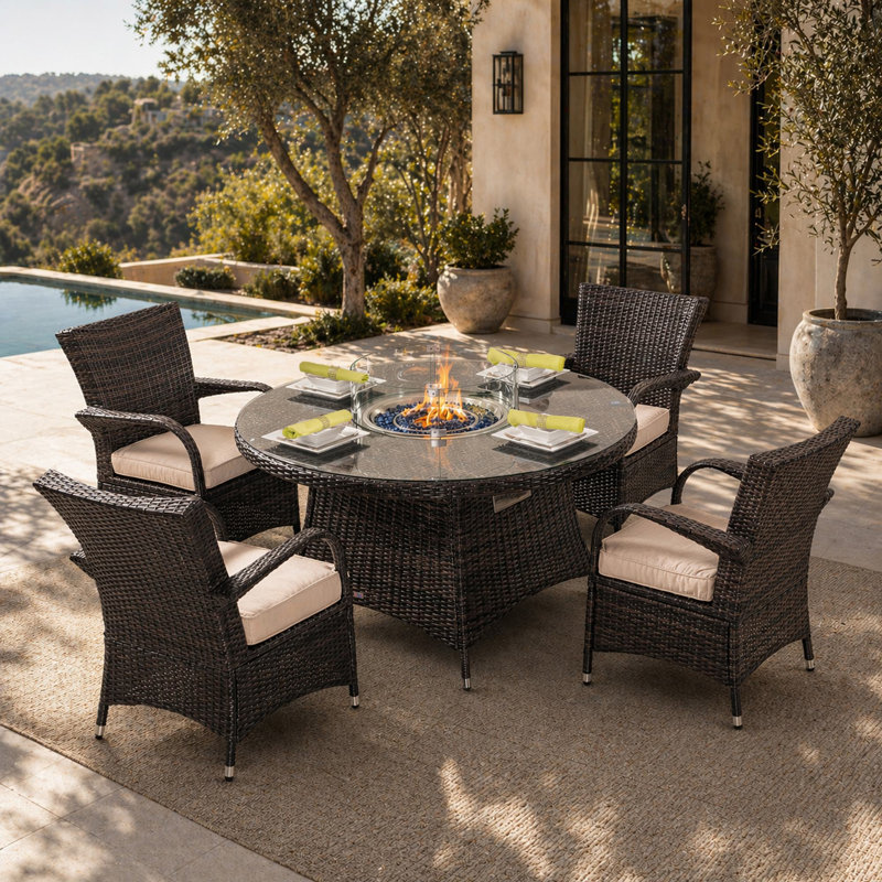 Ensemble repas pour terrasse avec table ronde 4 personnes Areefa, Brun