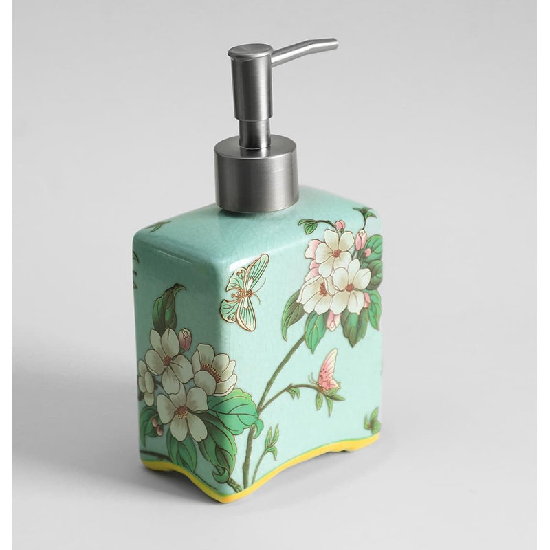13oz Ceramic Soap Dispenser | Flower Pattern Lotion Bottle with Removable Pump | for Kitchen/Bathroom Soap & Oils, Cyan