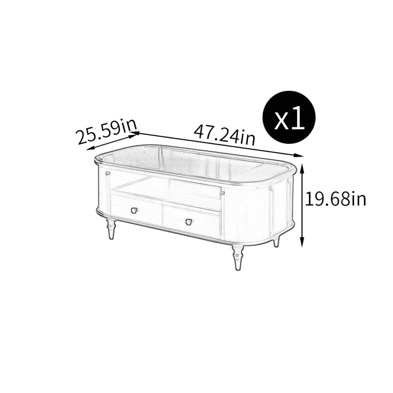 American style coffee table, 19.68" H x 47.24" L x 25.59" W