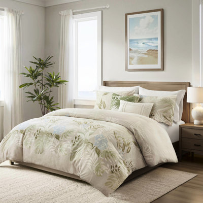 Housse de couette en coton 5 pièces pour imprimé botanique tropical / grand, fermeture à boutons, attaches intérieures, coussins tricotés avec coussins brodés, motif bleu, lavage à la machine, étiquetés