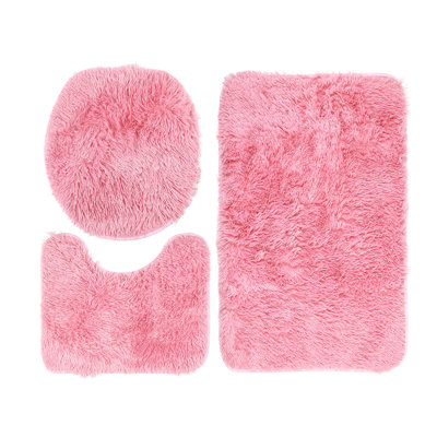 Pink 3 Piece Shaggy Bath Mat Set, Bathroom Rugs With U-Shaped Rug & Toilet Lid Cover, Non-Slip Soft Floor Mat
