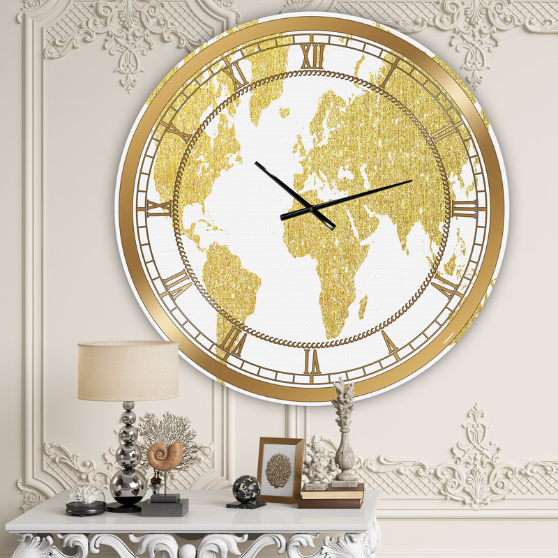 Carte dorée de la Terre - grande horloge murale tendance, Moyen