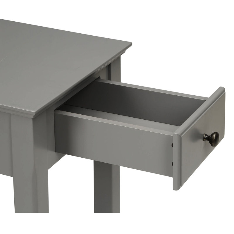 Grey Table With Open Bottom Shelf Storage & Rectangular Leg Structure Beneath