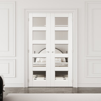 48" x 80" 5-Lite Clear Glass Interior French Door with Silver Hardware & Latch & Door Lever, Tempered Glass Door Slab with Safety, Paintable & Waterproof, Suit for Laundry, Closet Doors, Room Doors, Assembly Required