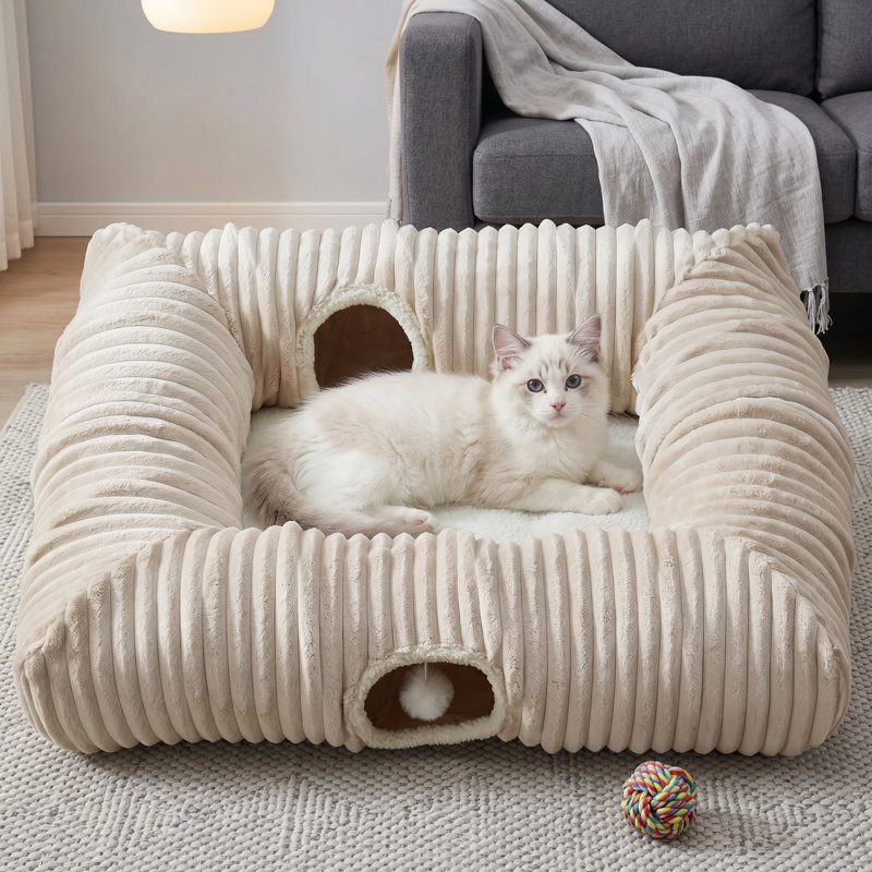 Grand lit tunnel pour chat à 4 voies, grotte pour chat avec un tapis rectangulaire chaud, cachette multifonctionnelle pour chatons, chiots, lapins, furets