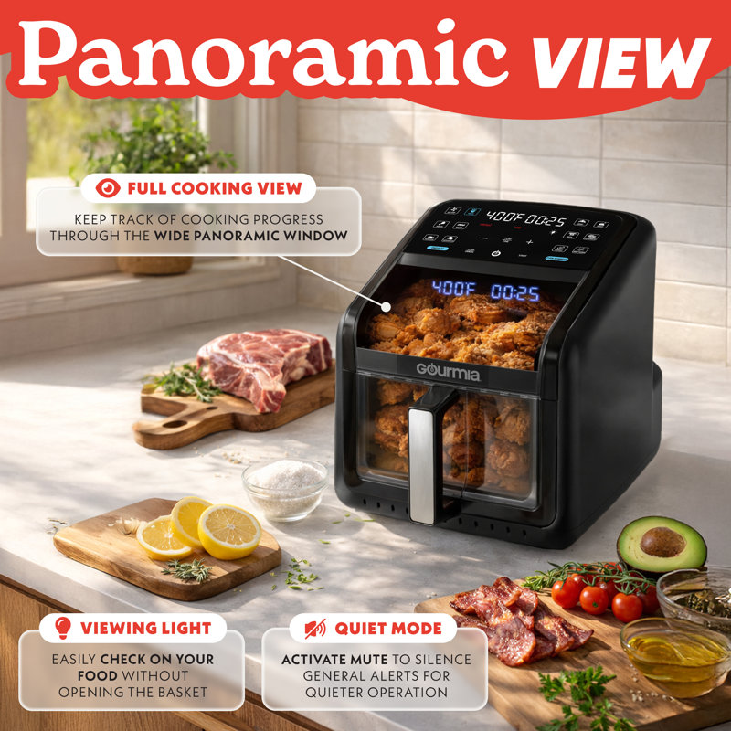 Gourmia 7 Qt Digital Air Fryer with Easy-View Window, 3D Holographic Display & FryForce 360° Technology – 12 Presets, Dishwasher-Safe Basket, Black