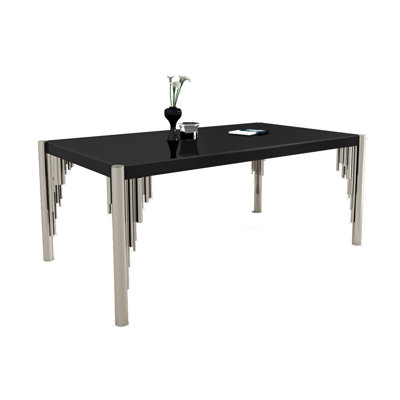Table de salle à manger chromée en acier inoxydable avec verre trempé noir huilé