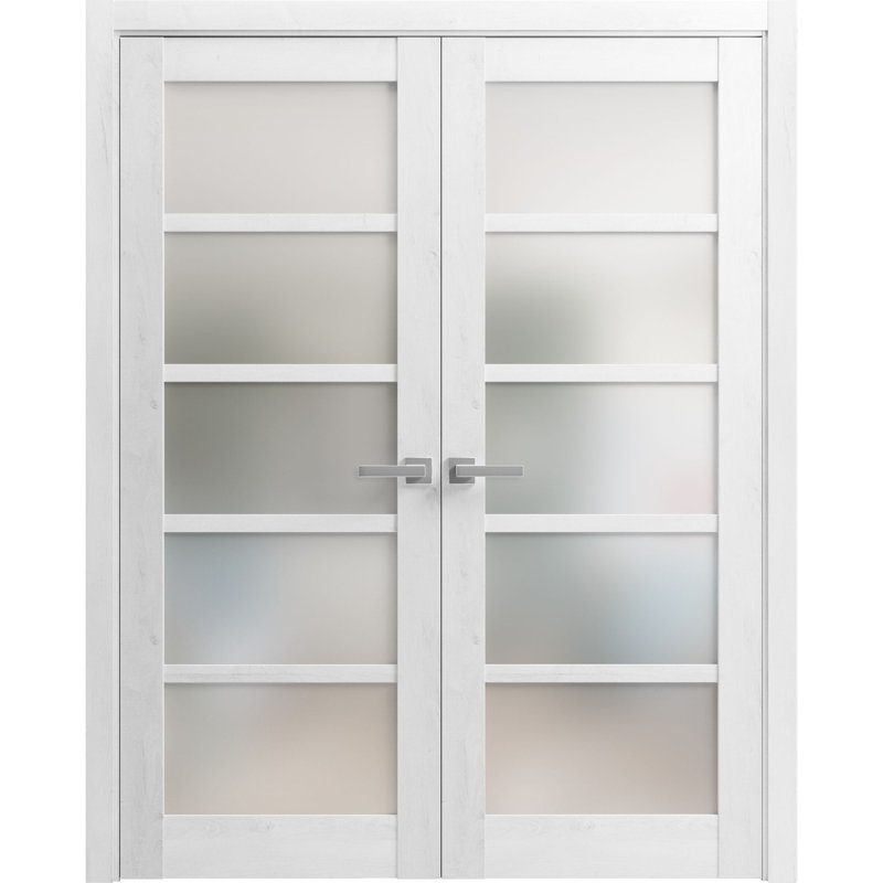 Portes doubles françaises massives en verre dépoli Quadro 4002 Blanc nordique, cadre en bois massif, moulures, portes robustes pour placard ou chambre à coucher, 60 po x 84 po (2 x 30 x 84 po)