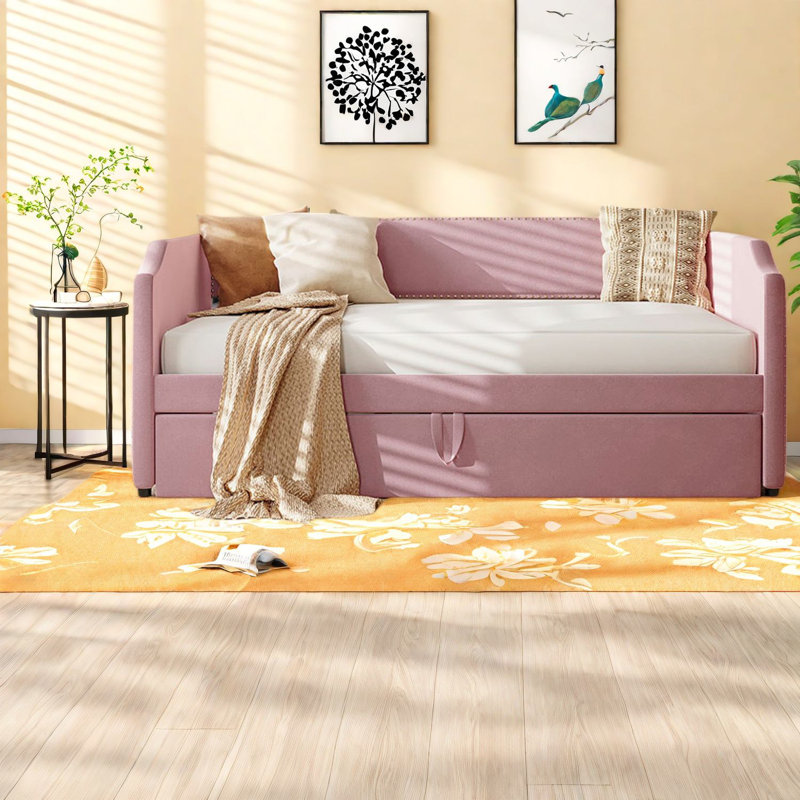 Multifunctional Velvet Upholstered Twin Beds With Trundle, Modern Pink Design