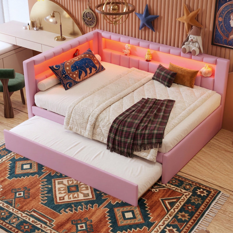 80.7" Upholstered Full Platform Bed With USB Ports & LED Lights - Pink Linen Bed Frame With Twin Trundle - 500 Lbs Capacity - No Box Spring Needed