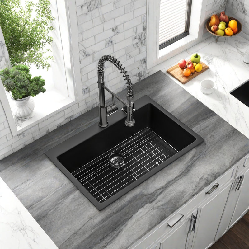 Black Quartz Composite Drop-In Kitchen Sink 33x22 Inch – Commercial Grade, Thickened Quartz, Anti-Fade